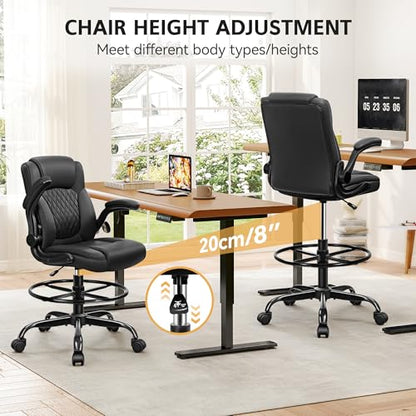 Drafting Chair, Tall Office Chair for Standing Desk, High Executive Leather Ergonomic Computer Chair with Adjustable Height and Flip-Up Armrest for Counter Height Desk, Black, Pack of 1 - color: Black