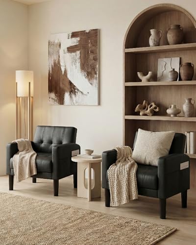 Black Leather Accent Chairs, Upholstered Tufted Armchairs for Living Room - color: Black, size: 30.9inch-2