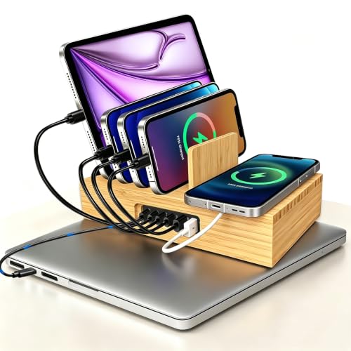 6 Port USB Charging Station for Multiple Devices 200W USB C Laptop Charger for MacBook Tablet 15W 3-in-1 Wireless Charger for iPhone/Apple Watch/AirPods Bamboo Charging Station Organzier