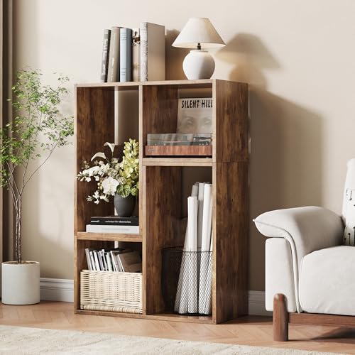 MapleGrace 6 Cube Storage Organizer, Wooden Storage Shelves Bookcase with Back Panels, Stackable Display Bookshelf for Living Room, Bedroom, Study, Hallway, Rustic Brown - color: Rustic Brown