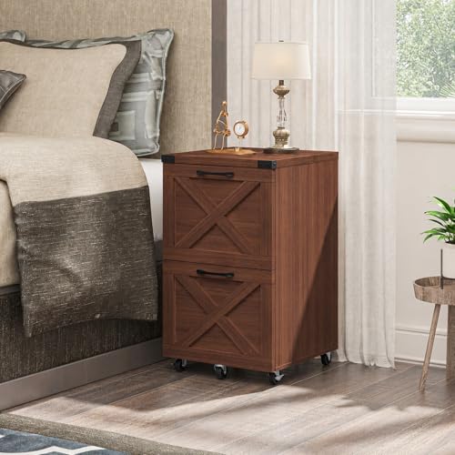 Halitaa Farmhouse 2 Drawer Small File Cabinet with Wheels, Walnut - color: Walnut, size: 2 Drawer
