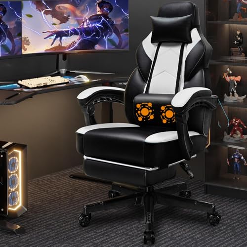 Shintenchi Gaming Chair,Video Game Chair with footrest and Massage Lumbar Support,Height Adjustable Game Chair with 360°Swivel Seat Ergonomic Computer Chair with Headrest for Office or Gaming(White) - color: White