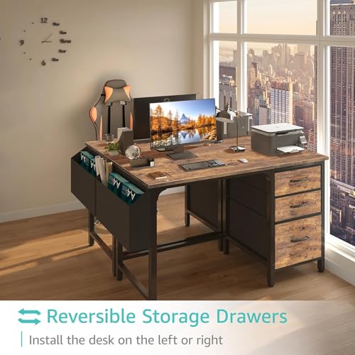 Lufeiya Computer Desk with File Drawers Cabinet, 47 Inch Reversible Home Office Desks with Fabric Filing Cabinet for Small Space, Study Writing Table PC Desks, Rustic Brown - color: Rustic Brown, size: 46.6"