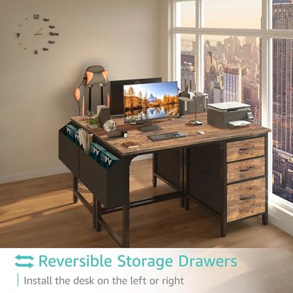 Lufeiya Computer Desk with File Drawers Cabinet, 47 Inch Reversible Home Office Desks with Fabric Filing Cabinet for Small Space, Study Writing Table PC Desks, Rustic Brown - color: Rustic Brown, size: 46.6"