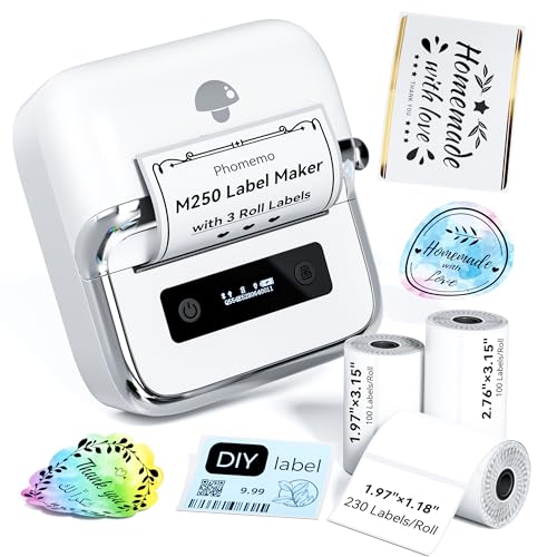 Phomemo M250 3 Inch Label Maker Machine with 3 Roll Labels | Bluetooth Thermal Label Printer, Upgrade Portable Barcode & Address Label Maker for Business, Home, School, Logo Label - color: White