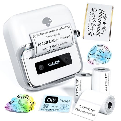 Phomemo M250 3 Inch Label Maker Machine with 3 Roll Labels | Bluetooth Thermal Label Printer, Upgrade Portable Barcode & Address Label Maker for Business, Home, School, Logo Label - color: White
