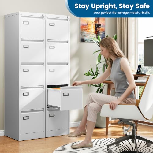 PEUKC 5-Drawer File Cabinet, 16.3" Deep Vertical Metal Filing Cabinet with Lock for Home Office, Anti-Tip 5 Storage Drawers for Letter/Legal/A4/F4 Size (Assemble Required, White) - color: White, size: 64.4"H