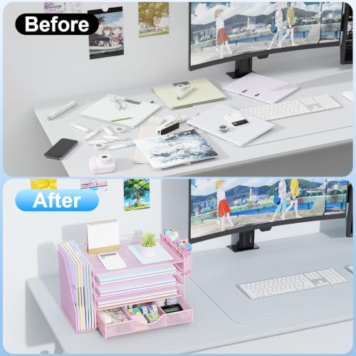 gianotter 5-Tier Desk Organizer with Drawers and File Holders | Letter Trays and Pen Holders - Workspace Accessories for Office Supplies (Pink) - color: Pink, size: 5T