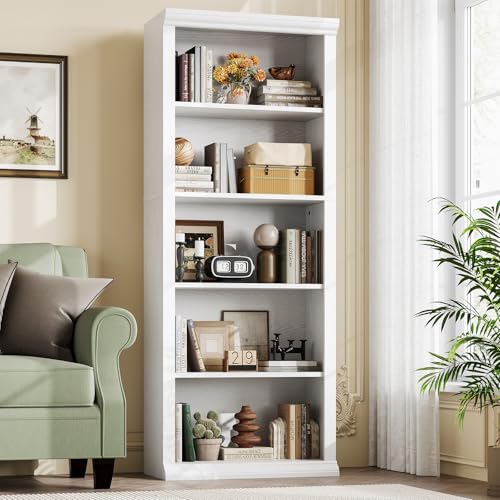 Rresyet Bookshelf and Bookcase, White, 24" Wide, 5 Tier | Tall Modern Bookcase with Storage Shelves, Sturdy Open Display Shelf - color: White