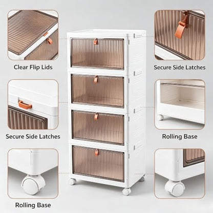 4-Tier Foldable Plastic Drawer Storage with Wheels,Stackable Storage Bins with Lid,Organization and Storage Boxes for Kitchen,Cloakroom,Closet,Living Room,Office and Dorm - size: 15.35''