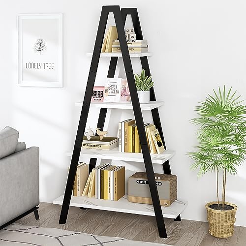 Recaceik 4-Tier A-Shaped Ladder Bookshelf, Industrial Faux Mable Bookcase with Metal Frame, Farmhouse Open Display Shelves for Living Room, Bedroom, Office - color: White