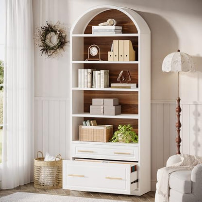Tribesigns 76.8" Tall Arched 5-Tier Bookcase with File Cabinet Drawer - color: White