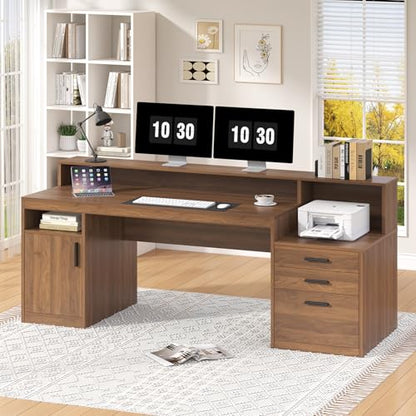 65" Computer Desk with 3 Drawers & Printer Shelf for Home Office | Office Desk with Printer Shelf & File Drawer, Executive Desk Writing Study Table with Monitor Stand, Brown - color: Brown