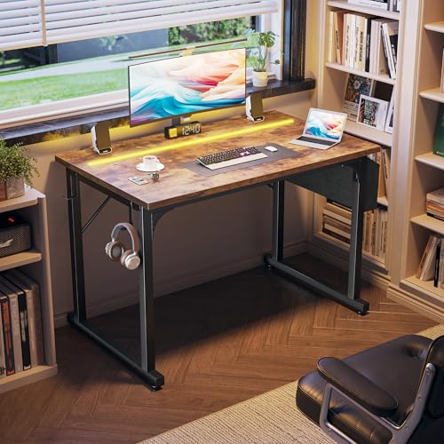 DurayLoly 40" Computer Desk with Waterproof LED Lights for Bedroom,Brown - color: Rustic Brown, size: 40 IN