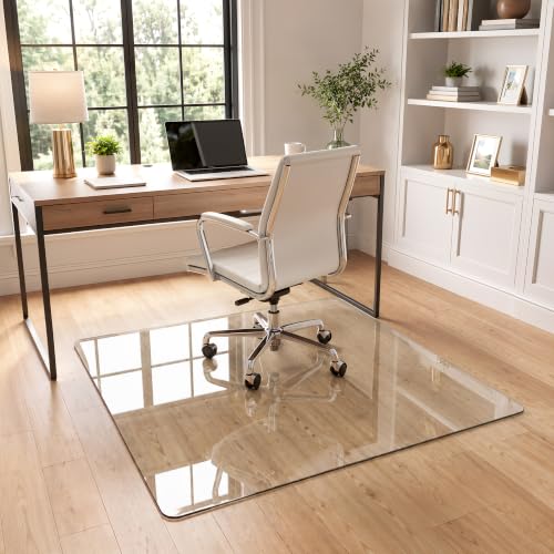 45"x45" Tempered Glass Office Chair Mat for Carpet & Hardwood Floor | 1/5" Thick Clear Floor Protector Desk Chair Mat with Rounded and Polished Edges, Resist Scratching, Cracking, Curling - size: 45"x45"