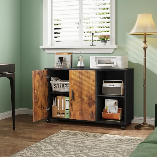 DEVAISE Office Storage Cabinet, Lateral Printer Stand, Rustic Brown | Doors and Shelves, Mobile File Cabinet, Large Office Supplies and Craft Storage - color: Rustic Brown