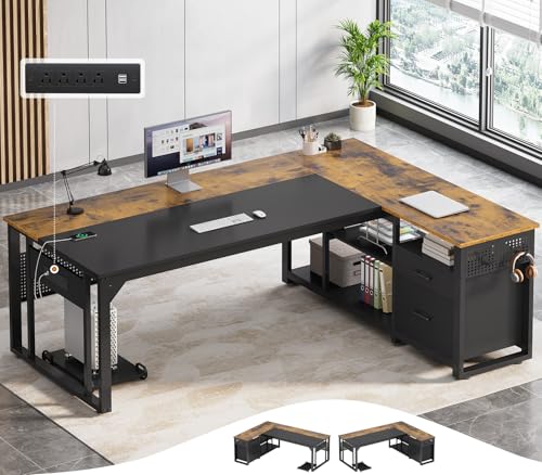 UPOSOJA 71" L Shaped Executive Desk, Office Desk with Storage Drawers - color: Brown, size: 2 Drawers