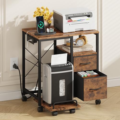 YAOHUOO Printer Stand with Power Outlet/Drawers, Printer and Shredder Stand | 22.8"x15"Top,Printer Desk with Storage Shelf,Rolling Table Cart with Lockable Wheels&Feet,Home Office,Rustic Brown - color: Rustic Brown, size: 22.8"×15"