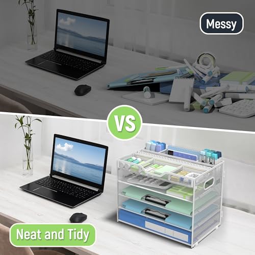 Docnest 5 Tier Mesh Desk Organizer with Removable Tray&Pen Holder, White - color: White, size: 12.6"x9.1"x10.3"