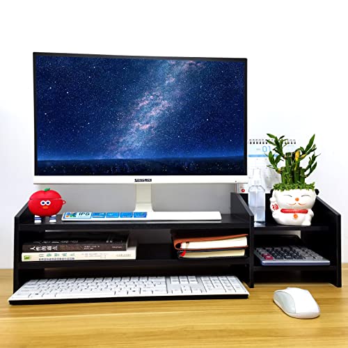 Computer Monitor Riser, 2 Tier Wooden Stand With Two Layer Storage Rack, Black Desktop Organizer for PC/Laptop, Home & Office