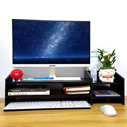 Computer Monitor Riser, 2 Tier Wooden Stand With Two Layer Storage Rack, Black Desktop Organizer for PC/Laptop, Home & Office