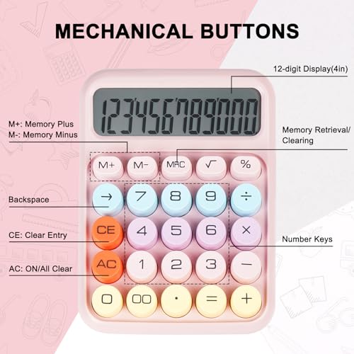Mechanical Switch Calculator with Big Buttons, Calculators Desktop, 12 Digits, Large LCD Display, Desk Calculator, Cute Pink Calculators for Teachers Students Basic Office (Pink) | 12 Digits, Large LCD Display, Desk Calculator, Cute Pink Calculators for T