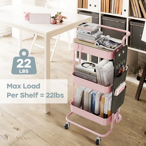 DTK 3-Tier Metal Utility Rolling Cart with Table Top and Side Bags, Art Craft Cart with 4 Hooks for Kitchen, Bathroom, Office, Living Room (Pink) - color: Pink, size: Large