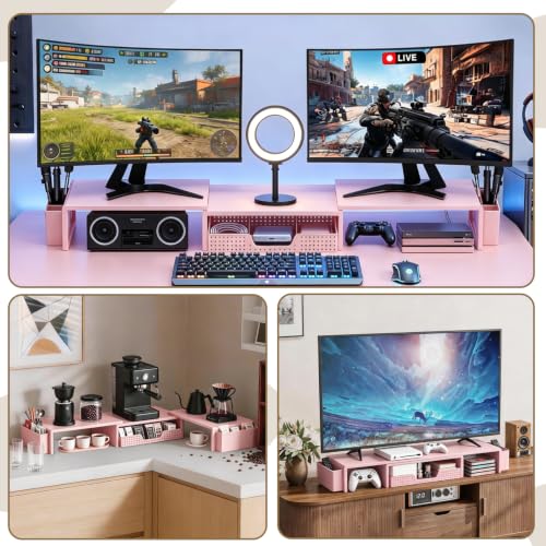 LEKETREE Dual Monitor Stand Riser with Drawer and 2 Pen Holders, Pink - color: Pink