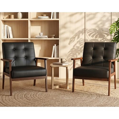 Black Faux Leather Chairs Set of 2 with Solid Wood Frame for Living Room | AODAILIHB Upholstered Lounge Modern Office Couch, with Thick Cushion, Single Sofa for Waiting Room/Dorm/Bedroom/Lobby - size: 2 chair