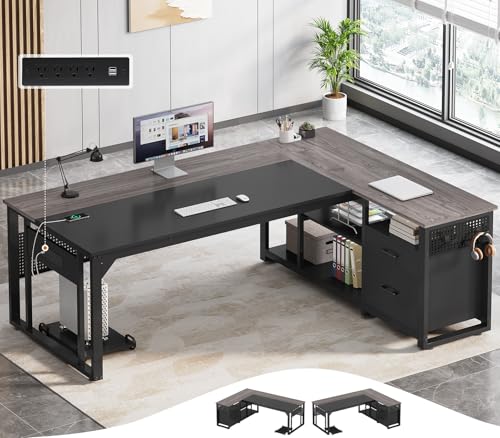 UPOSOJA 71" L Shaped Executive Desk, Office Desk with Storage Drawers - color: Grey, size: 2 Drawers