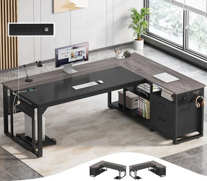 UPOSOJA 71" L Shaped Executive Desk, Office Desk with Storage Drawers - color: Grey, size: 2 Drawers