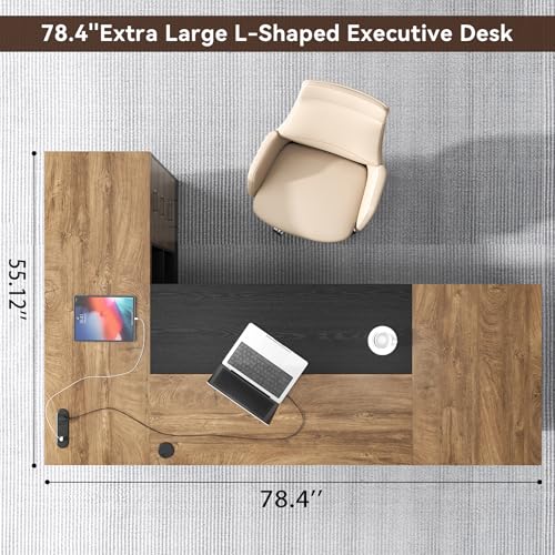 L-Shaped Executive Desk with Drawer, Oak Black | 78Inch Large Home Office Desk, Large Modern Home Office Desk, Big Wooden Business Furniture for CEO Boss - color: Oak