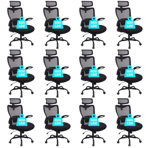 CLATINA Heavy Duty Ergonomic Mesh Office Chair 400LBS, Big and Tall Desk Chair with Adjustable Lumbar Support & Headrest, Flip Up Padded Arms, Swivel Computer Chair for Home, Conference, Black, 12 PK - size: 12 PK