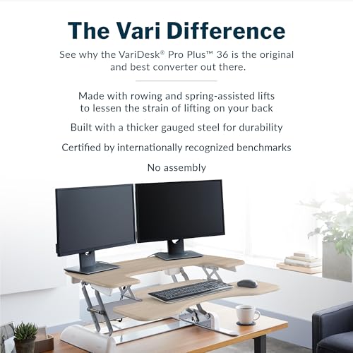 Vari VariDesk Pro Plus 36 Standing Desk Converter – 11 Height Settings + Spring Lift, 2 Tier Design, Keyboard Tray, Fits Desktops 36” Wide x 26.5" Deep – Delivers Fully Assembled (Light Wood) - color: Light Wood