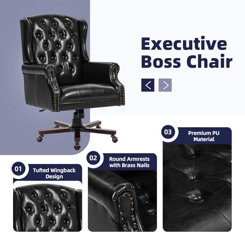 Upgraded 2026 Executive Desk Chair, Ergonomic Recliner Chair,Black | Faux Leather Wingback Home Office Chair with Nail Head Trim & Tufted Back, Big and Tall Office Chair for Home and Living Room - color: Black, style: Modern