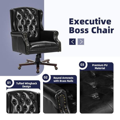 ECOTOUGE Executive Desk Chair, Wingback Ergonomic Home Office Chair, Black | Faux Leather Wingback Home Office Chair with Nail Head Trim & Tufted Back, Computer Chair for Office and Living Room - color: Black