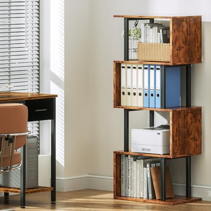 Furologee 5 Tier Bookshelf, S Shaped Geometric Bookcase, Rustic Brown - color: Rustic Brown, size: 5 Tier