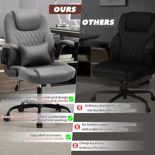 PU Leather Office Chair Swivel Lumbar Support for Short People Grey | Executive Office Chair PU,Leather Office Chair with Wheels,360° Swivel Rolling Chair with Padded Arm,Ergonomic Computer Chair - color: Grey