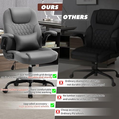 PU Leather Office Chair Swivel Lumbar Support for Short People Grey | Executive Office Chair PU,Leather Office Chair with Wheels,360° Swivel Rolling Chair with Padded Arm,Ergonomic Computer Chair - color: Grey