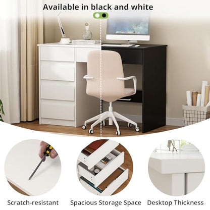 VOWNER Computer Desk with 5 Drawers, Home Office Desk with Storage, Modern Simple Laptop Desk for Working, Study (White)