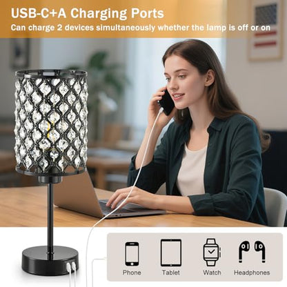 GyroVu Black Crystal Bedside Table Lamps Set of 2 with USB C+A Ports - color: Black-2, size: 14.75"