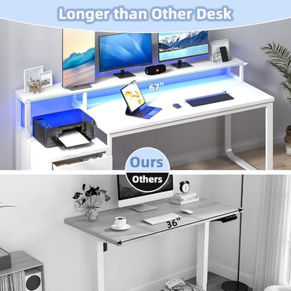 MaverickFurni 67" White Office Desk with 3 Drawers and LED Lights - color: White
