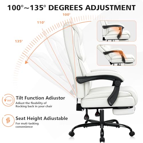 WAILOR 400lbs Office Chair with Foot Rest, Reclining Big and Tall Office Chair with Lumbar Support, High Back PU Leather Computer Chair,Comfy Desk Chair for Home Office (Casual) (White) - color: White