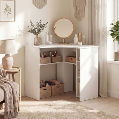 GOFLAME White Corner Desk with Charging Station, Small Corner Desk with Storage Shelves, Triangle Computer Desk, Study Writing Table for Home Office, Small Spaces