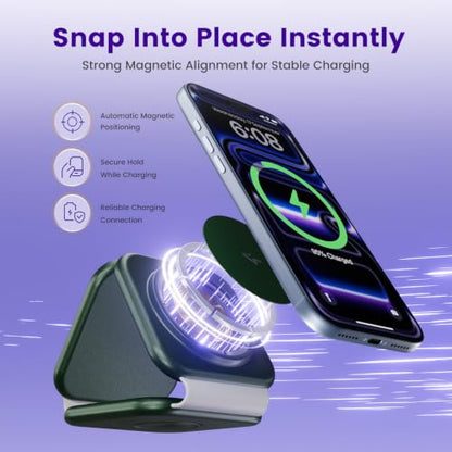 15W Magnetic Travel Charging Station, 3-in-1 Foldable MagSafe Charger - color: Forest Green