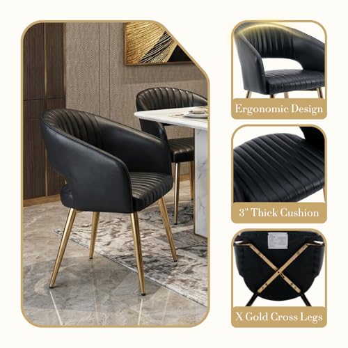 Modern Dining Chairs Set of 2, Upholstered PU Leather Gold Dining Room Chairs with Hollow Back, Accent Armrest Kitchen Chairs with Gold Legs for Living Room Black - color: Black 1