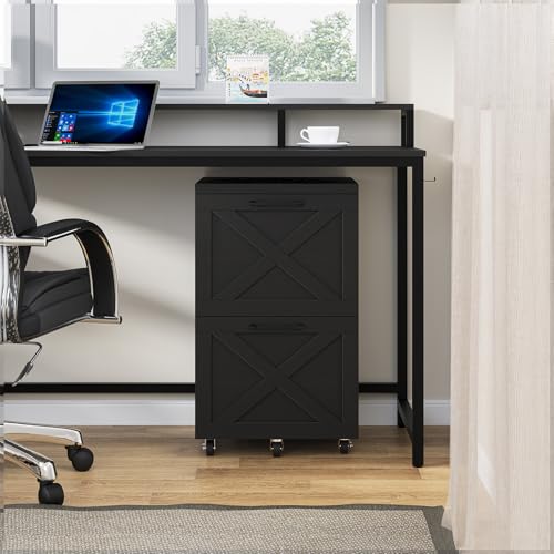 Halitaa Farmhouse 2 Drawer Small File Cabinet with Wheels, Black | Vertical Filing Cabinet Fits A4 or Letter Size, Wooden Printer Stand, Under Desk Rolling File Cabinet for Home Office - color: Black