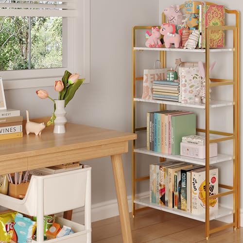 JSB 4 Tier No Assembly Folding Bookshelf, Arched Bookshelf, Foldable Bookcase for Living Room, Bedroom, Office,Skinny Bookshelf (White and Gold) - color: White and Gold, size: 4-Tier