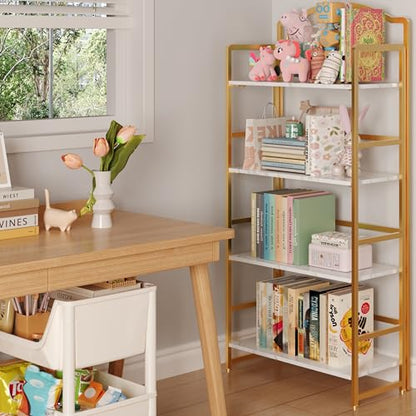 JSB 4 Tier No Assembly Folding Bookshelf, Arched Bookshelf, Foldable Bookcase for Living Room, Bedroom, Office,Skinny Bookshelf (White and Gold) - color: White and Gold, size: 4-Tier