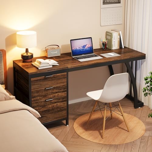 Tribesigns 59 Inch Computer Desk with 3 Drawers, Industrial PC Desk Study Writing Table Workstation with File Storage, Home Office Desks with Large Desktop and Metal Frame, (Rustic Brown) - color: Rustic Brown